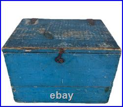 13 Antique Folk Art Primitive Lach & Handled Blue Painted Document Box
