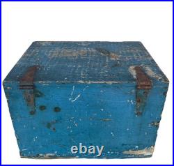 13 Antique Folk Art Primitive Lach & Handled Blue Painted Document Box