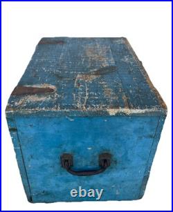 13 Antique Folk Art Primitive Lach & Handled Blue Painted Document Box