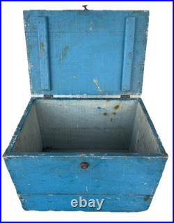 13 Antique Folk Art Primitive Lach & Handled Blue Painted Document Box