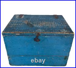 13 Antique Folk Art Primitive Lach & Handled Blue Painted Document Box
