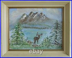 14 Point Deer Vintage Painting Folk Art Naive Snow Western Mountain J Wood