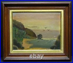 1800's Antique COASTAL LANDSCAPE Victorian NAIVE FOLK ART Painting WALNUT FRAME