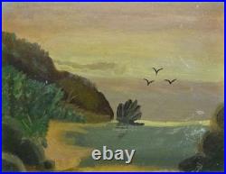 1800's Antique COASTAL LANDSCAPE Victorian NAIVE FOLK ART Painting WALNUT FRAME