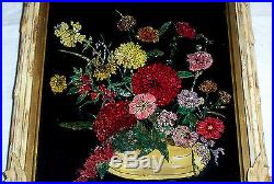 1800s Antique TINSEL PAINTING Reverse Glass Wood Frame Flowers Floral Folk Art