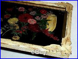 1800s Antique TINSEL PAINTING Reverse Glass Wood Frame Flowers Floral Folk Art