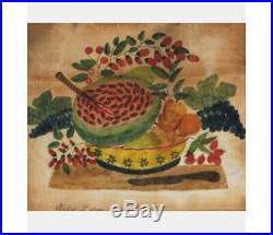 1800s SIGNED EJG American Antique Folk Art Theorem VELVET 19th C. FLOWERS BIRD