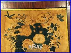 1800s SIGNED EJG American Antique Folk Art Theorem VELVET 19th C. FLOWERS BIRD