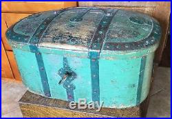 1830 Painted Antique Folk Art Chest Trunk Forged Rivited Strap Hinges, Lock, key