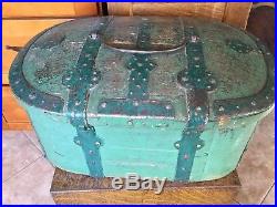1830 Painted Antique Folk Art Chest Trunk Forged Rivited Strap Hinges, Lock, key
