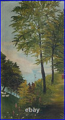 1839 Mary Jane Peale, Age 12 PA Folk Art Oil Landscape Painting on Panel Signed