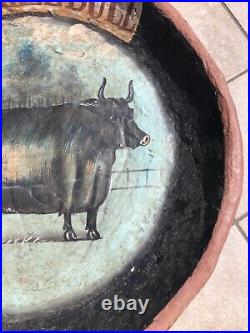 1842 Primitive Prize Bull Folk Art Painting Paper Mache British NaiveSchool Tray