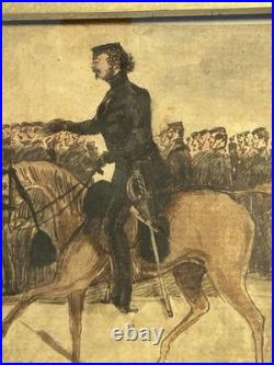 1860's Folk Art Watercolor on Paper of Uniformed CIVIL WAR Officer on Horseback