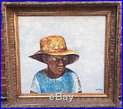 1865 Civil War Era Painting Black African American Woman with Bowler Hat Folk Art