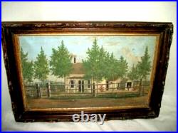 1874 Oil Painting Americana Folk Art Country House Figure Aged Primitive Signed