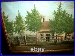 1874 Oil Painting Americana Folk Art Country House Figure Aged Primitive Signed