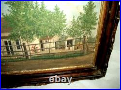 1874 Oil Painting Americana Folk Art Country House Figure Aged Primitive Signed