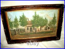 1874 Oil Painting Americana Folk Art Country House Figure Aged Primitive Signed