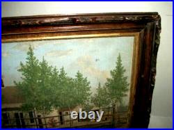 1874 Oil Painting Americana Folk Art Country House Figure Aged Primitive Signed