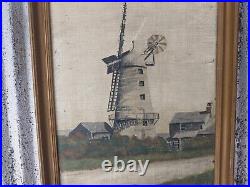 1880s K. Gilmore 19th century Dutch Windmill Cottage Oil Painting Folk Art Work