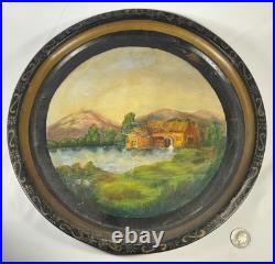 1880s PRIMITIVE HAND PAINTED METAL TRAY MILL SCENE LANDSCAPE FOLK ART PAINTING 1880s PRIMITIVE HAND PAINTED METAL TRAY MILL SCENE LANDSCAPE FOLK ART PAINTING