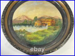 1880s PRIMITIVE HAND PAINTED METAL TRAY MILL SCENE LANDSCAPE FOLK ART PAINTING 1880s PRIMITIVE HAND PAINTED METAL TRAY MILL SCENE LANDSCAPE FOLK ART PAINTING