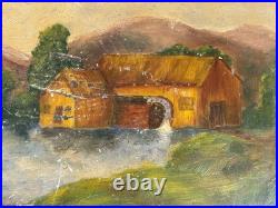 1880s PRIMITIVE HAND PAINTED METAL TRAY MILL SCENE LANDSCAPE FOLK ART PAINTING 1880s PRIMITIVE HAND PAINTED METAL TRAY MILL SCENE LANDSCAPE FOLK ART PAINTING