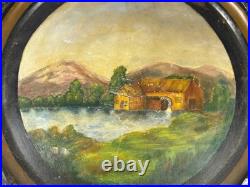 1880s PRIMITIVE HAND PAINTED METAL TRAY MILL SCENE LANDSCAPE FOLK ART PAINTING 1880s PRIMITIVE HAND PAINTED METAL TRAY MILL SCENE LANDSCAPE FOLK ART PAINTING