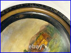 1880s PRIMITIVE HAND PAINTED METAL TRAY MILL SCENE LANDSCAPE FOLK ART PAINTING 1880s PRIMITIVE HAND PAINTED METAL TRAY MILL SCENE LANDSCAPE FOLK ART PAINTING