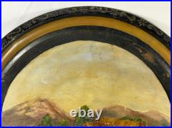 1880s PRIMITIVE HAND PAINTED METAL TRAY MILL SCENE LANDSCAPE FOLK ART PAINTING 1880s PRIMITIVE HAND PAINTED METAL TRAY MILL SCENE LANDSCAPE FOLK ART PAINTING