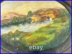 1880s PRIMITIVE HAND PAINTED METAL TRAY MILL SCENE LANDSCAPE FOLK ART PAINTING 1880s PRIMITIVE HAND PAINTED METAL TRAY MILL SCENE LANDSCAPE FOLK ART PAINTING