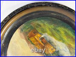 1880s PRIMITIVE HAND PAINTED METAL TRAY MILL SCENE LANDSCAPE FOLK ART PAINTING 1880s PRIMITIVE HAND PAINTED METAL TRAY MILL SCENE LANDSCAPE FOLK ART PAINTING