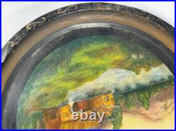 1880s PRIMITIVE HAND PAINTED METAL TRAY MILL SCENE LANDSCAPE FOLK ART PAINTING 1880s PRIMITIVE HAND PAINTED METAL TRAY MILL SCENE LANDSCAPE FOLK ART PAINTING