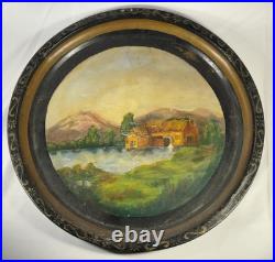 1880s PRIMITIVE HAND PAINTED METAL TRAY MILL SCENE LANDSCAPE FOLK ART PAINTING 1880s PRIMITIVE HAND PAINTED METAL TRAY MILL SCENE LANDSCAPE FOLK ART PAINTING