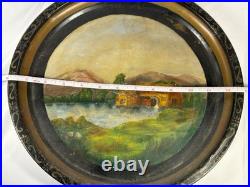 1880s PRIMITIVE HAND PAINTED METAL TRAY MILL SCENE LANDSCAPE FOLK ART PAINTING 1880s PRIMITIVE HAND PAINTED METAL TRAY MILL SCENE LANDSCAPE FOLK ART PAINTING