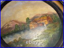 1880s PRIMITIVE HAND PAINTED METAL TRAY MILL SCENE LANDSCAPE FOLK ART PAINTING 1880s PRIMITIVE HAND PAINTED METAL TRAY MILL SCENE LANDSCAPE FOLK ART PAINTING