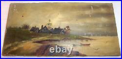 1884 Seaside Landscape oil on canvas Antique Painting, New England Houses Boats