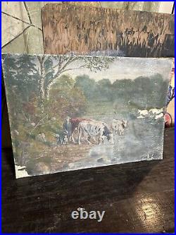 1890s American REALISM OIL Painting of Cows At Pasture Farmhouse Folk Art