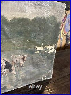 1890s American REALISM OIL Painting of Cows At Pasture Farmhouse Folk Art