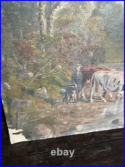 1890s American REALISM OIL Painting of Cows At Pasture Farmhouse Folk Art