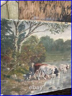 1890s American REALISM OIL Painting of Cows At Pasture Farmhouse Folk Art