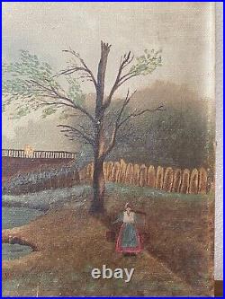 1893 Folk Art Painting on Canvas A Dutch Scene Signed
