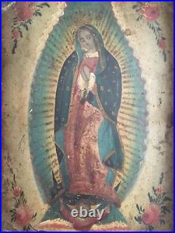 18th Century Virgin of Guadalupe Oil On Tin Devotional Retablo 7 x 10