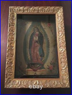 18th Century Virgin of Guadalupe Oil On Tin Devotional Retablo 7 x 10