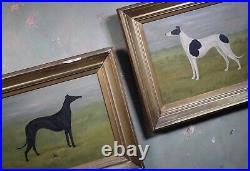 1909 A Stevenson Pair Folk Art Whippet Greyhound Dog Paintings Antique