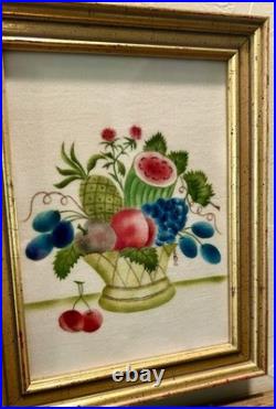1915 RARE PAIR Old Saybrooke Ct. Folk Art Botanical Theorem Paintings On Velvet