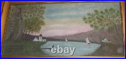 1917 Antique Impressionist Man Fishing Sailboats Folk Art Oil Painting Edna Gass