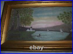 1917 Antique Impressionist Man Fishing Sailboats Folk Art Oil Painting Edna Gass
