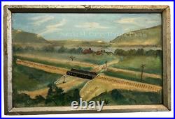 1920s P. R. R. Bridge & Salt Run Ohio Farm Folk Art Americana Oil Painting 1920s P. R. R. Bridge & Salt Run Ohio Farm Folk Art Americana Oil Painting