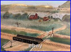 1920s P. R. R. Bridge & Salt Run Ohio Farm Folk Art Americana Oil Painting 1920s P. R. R. Bridge & Salt Run Ohio Farm Folk Art Americana Oil Painting